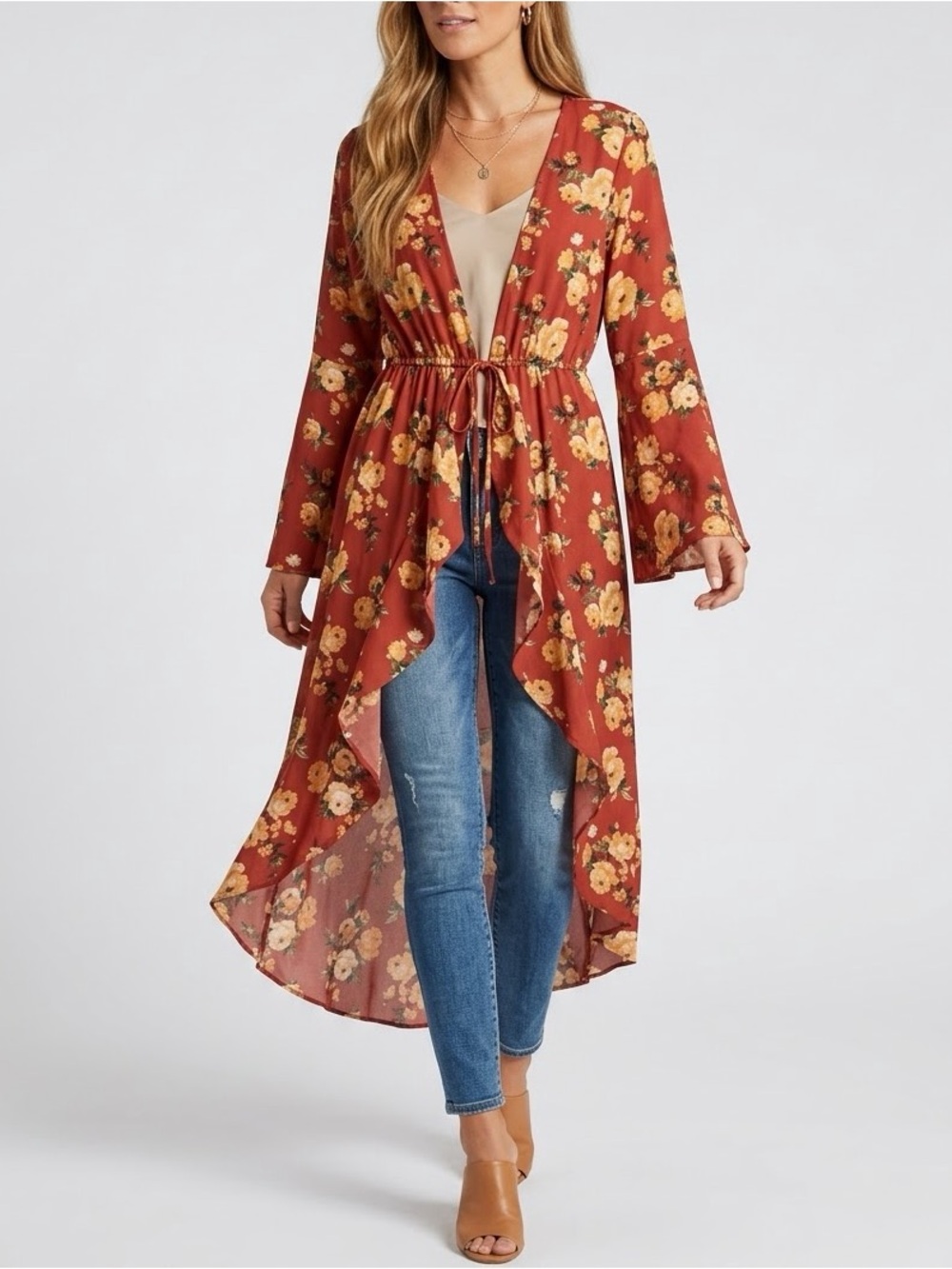 NEW Almost Famous red floral kimono duster flowy high-low Boho Bohemian LARGE